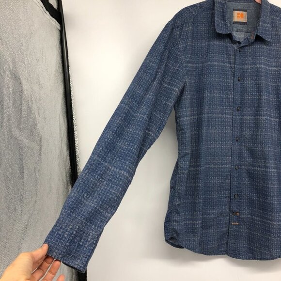 Boss Orange by Hugo Boss Blue Chevron Patterned Buttoned Men’s Shirt size L - Picture 7 of 13